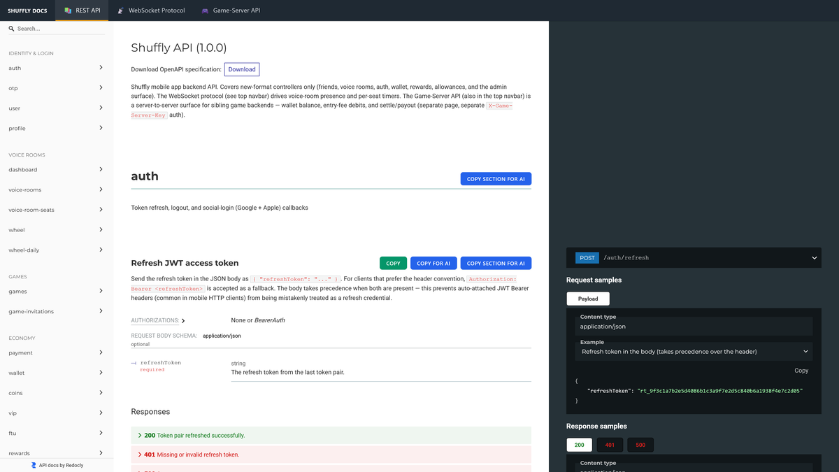 The published API reference. Three surfaces across the top navigation: REST, the WebSocket protocol and a server-to-server API. Endpoints run down the left, grouped into identity, voice rooms, games and economy. The open page is the token refresh endpoint, showing which credential takes precedence and why, the request body schema, and the responses with their status codes.
